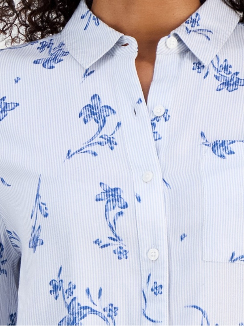 Preppy Blue Stripe & Floral Button-Down Shirt for Women NWT - Picture 2 of 9